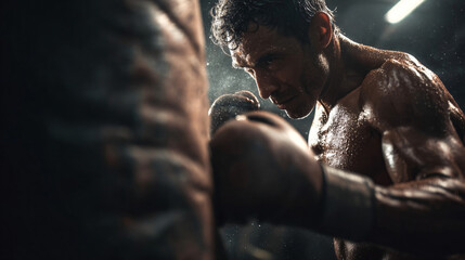 Champion's Grit: A determined boxer unleashes a powerful punch on a heavy bag, showcasing strength and resilience. A moment of intense focus and physical exertion within the gritty world of boxing.