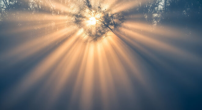 Sunlight streaming through misty forest canopy creating ethereal rays