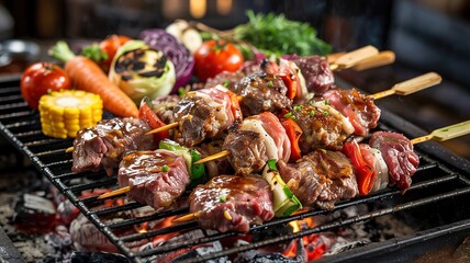 Naklejka premium Skewered Meat and Vegetables Grilled Over Hot Charcoal with Glaze