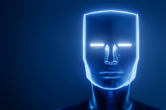 a sleek and modern ai robot head glowing with blue neon lights, the face is digital screen no nose no mouth, the eyes is a Rectangular blue light screen - Powered by Adobe
