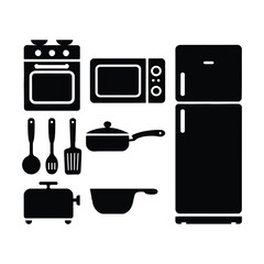 Black silhouette icons depicting kitchen appliances and cooking utensils