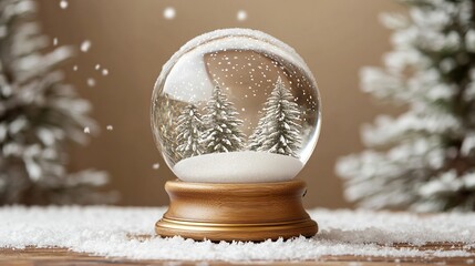 Enchanting winter scene inside a glass snow globe with falling snow creating a magical holiday atmosphere perfect for Christmas greetings