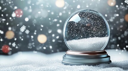 Magical snow globe with falling snowflakes creates a festive holiday atmosphere, perfect for winter celebrations and Christmas promotions