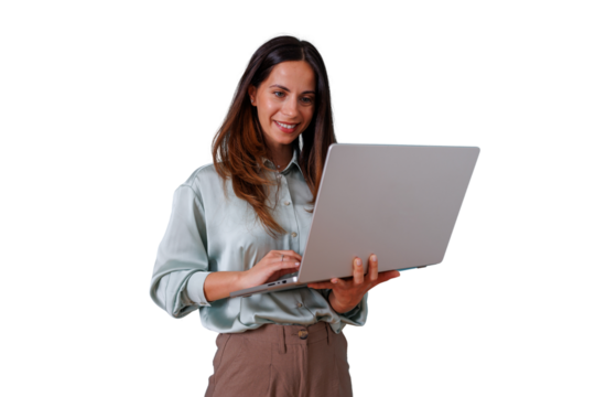 Young woman with laptop working, standing and smiling, managing online business, with transparent background - Powered by Adobe