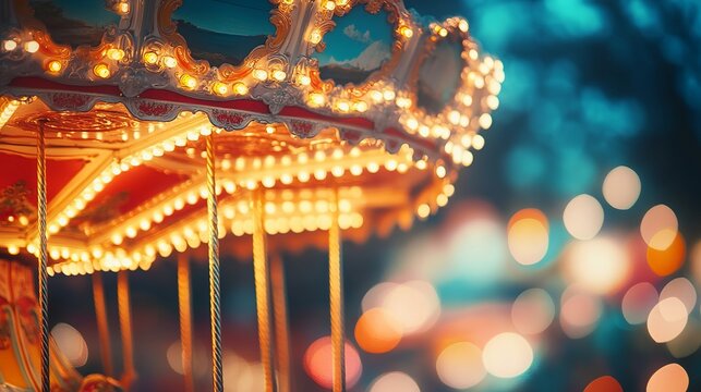 Whimsical carousel with glowing lights offers a magical and enchanting ride evoking feelings of joy and nostalgia at the carnival or fair