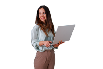 Businesswoman holding laptop and smiling sideways, thinking about digital strategy on transparent background