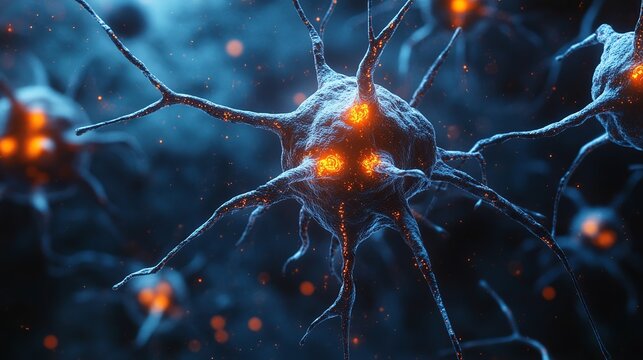 Explore detailed neuron cells with vibrant glowing synapses for scientific breakthroughs and medical research, a captivating display of neurological complexity