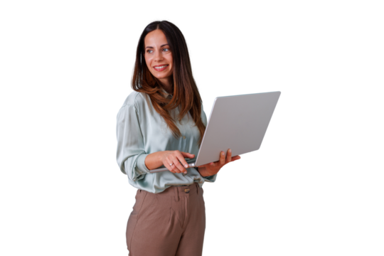 Businesswoman holding laptop and smiling sideways, thinking about digital strategy on transparent background