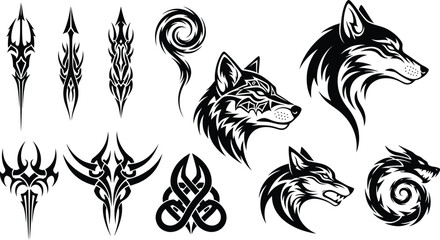 Obraz premium Collection of black and white tribal style tattoo designs