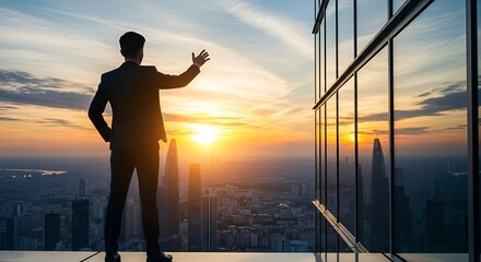 A man in a business suit stands on a rooftop or observation deck of a very tall building.