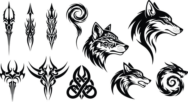 Collection of black and white tribal style tattoo designs
