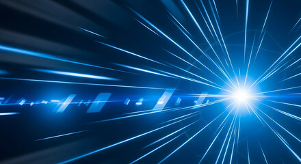 Abstract blue light beams and glowing starburst on dark background