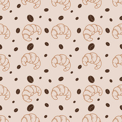 Seamless pattern with croissant and coffee bean. Cute bakery background for packaging, cafes, textiles, and branding.
