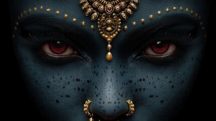Divine gaze of goddess with blue skin, piercing red eyes, and intricate gold jewelry