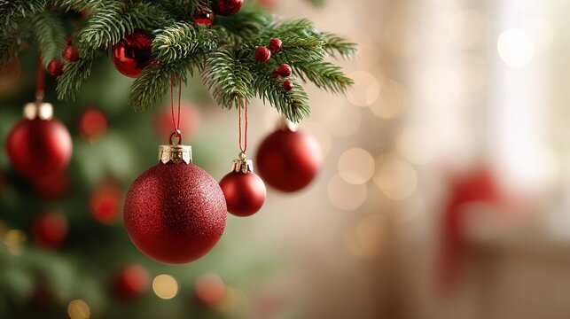 Sparkling red christmas ornaments on a vibrant green tree branch with warm bokeh lights in the background