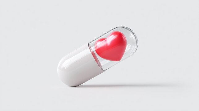 A red heart inside a transparent medical capsule on a white background