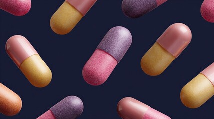 Shimmering two-tone capsules elegantly scattered on a dark blue background