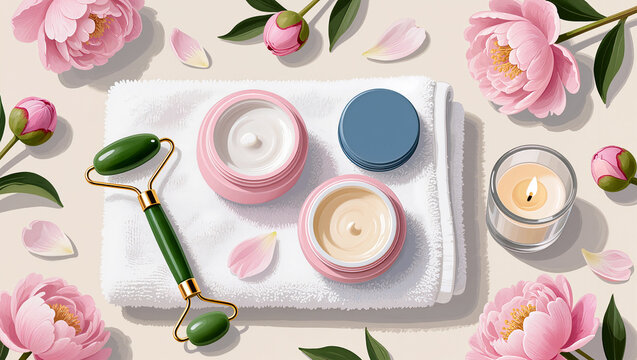 Beauty ritual with peonies and skincare essentials on a soft towel