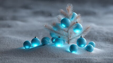 Magical winter christmas scene with glowing blue ornaments and frosted fir branches in pristine snow
