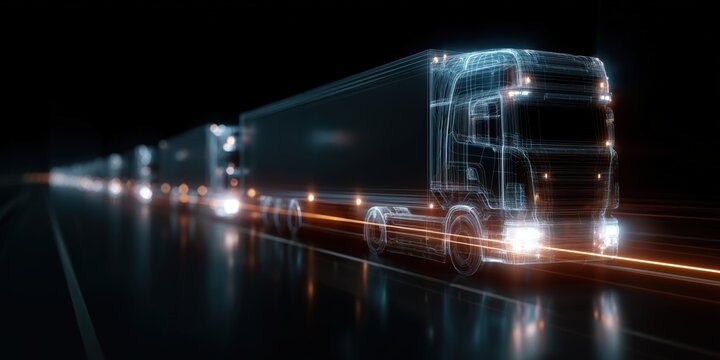 Illuminated trucks navigating a busy highway at night with a futuristic hologram overlay, perfect for transportation, logistics, or tech marketing projects showcasing innovation in freight movement.