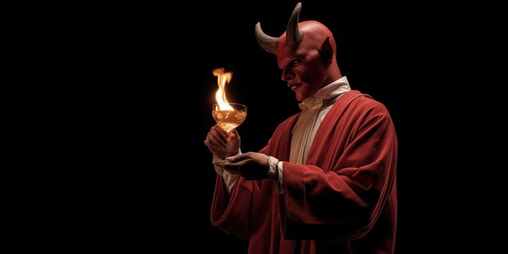 Red devil figure with horns holding flaming chalice in dramatic lighting
