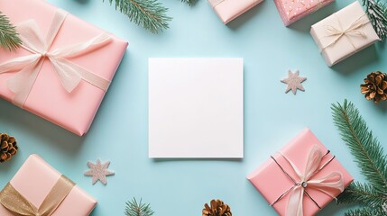 Elegant Christmas gifts with blank card for a heartfelt message, perfect for holiday promotions, greetings, or festive social media posts