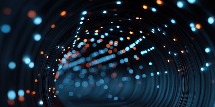 Futuristic tunnel with blue and orange led lights creating a twinkling effect