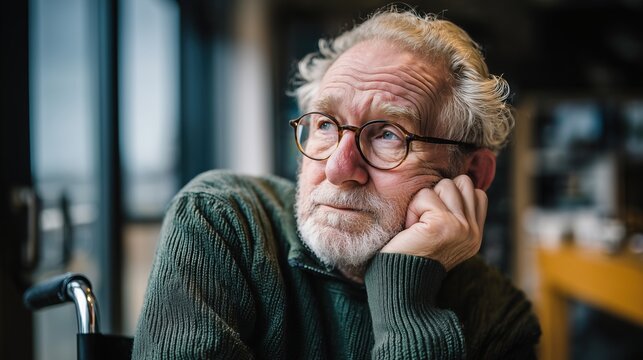 Contemplative Senior Man in Wheelchair Reflecting on Future at Home, Showcasing Solitude and Resilience in Modern Living Space - Ideal for Elderly Lifestyle, Wellness, and Marketing Themes - Powered by Adobe