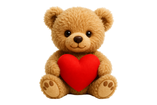 Adorable Plush Bear Presenting Love Heart for Celebration Isolated on a Transparent Background