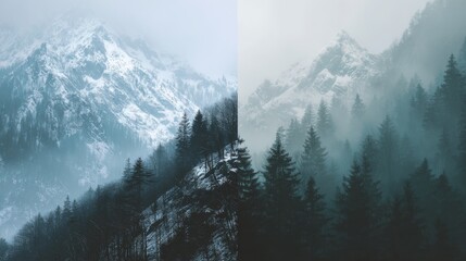 Mountainous Serenity: A panoramic view captures the majesty of snow-capped mountains and verdant forests, with the mist. An immersive scenery that invites contemplation and wonder.