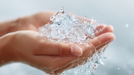 Fototapeta premium Refreshing Water and Ice in a Woman’s Hand on a Light Background, Symbolizing Hydration and Wellness, Ideal for Marketing, Lifestyle, and Educational Purposes with Copy Space for Custom Text.