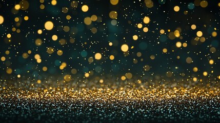 Sparkling gold glitter falling softly against a dark teal background creates a festive and luxurious backdrop for your designs and promotions