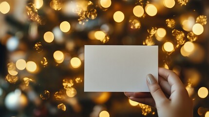 Obraz premium Elegant holiday greeting card held against a festive glowing Christmas tree background perfect for seasonal wishes and messages of joy during winter