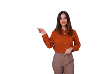 Woman smiling and pointing left, presenting information, offering direction, with transparent background