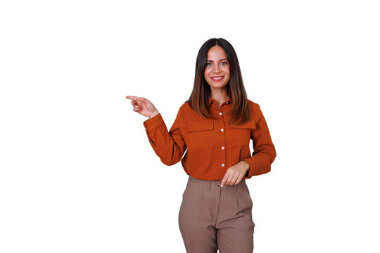 Woman smiling and pointing left, presenting information, offering direction, with transparent background - Powered by Adobe