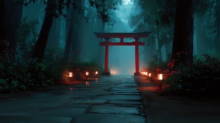 Mystical Japanese Torii Gate Surrounded by Lanterns on a Foggy Forest Path at Night – Enchanting Digital Artwork Perfect for Fantasy, Travel, and Wellness Themes