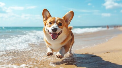 Pure joy adorable corgi running on sunny beach vacation with sparkling blue ocean water happy dog summer holiday fun family pet cheerful breed