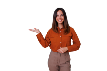 Woman smiling, presenting product or service with open hand showing copy space, standing on transparent background