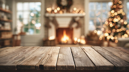 Cozy Christmas Living Room with Blurred Wooden Table Top, Ideal for Holiday Marketing, Seasonal Promotions, and Wellness Themes Focused on Family Gatherings and Festive Celebrations.