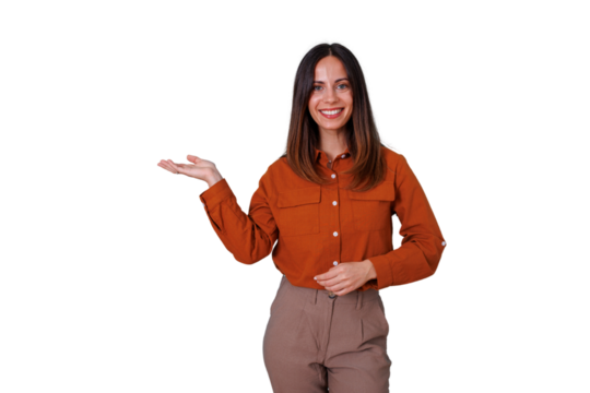 Woman smiling, presenting product or service with open hand showing copy space, standing on transparent background