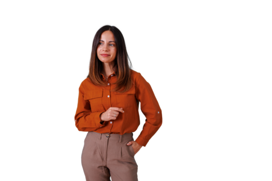 Confident young woman standing, looking away with a thoughtful expression, dressed in casual smart business attire, transparent background - Powered by Adobe