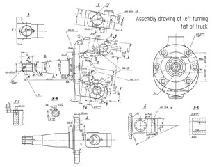 Obraz premium Assembly drawing of left turning fist of truck. Engineering automotive mechanical blueprint of steel device. Industrial cad scheme on paper sheet. Technology design of machine building industry. 