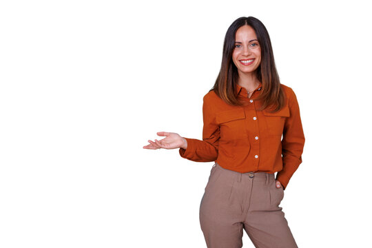Young woman smiling, presenting with open hand, copy space on transparent background, offering solution