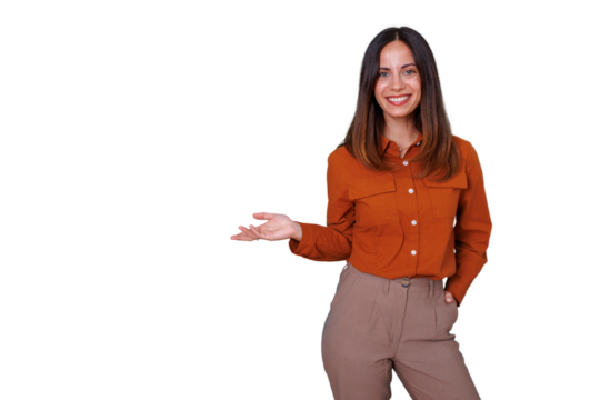 Young woman smiling, presenting with open hand, copy space on transparent background, offering solution