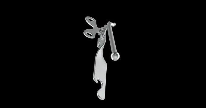 Manual Can Opener, Tin Opener rotation animation seamlessly loopable. 3D rendering isolated on transparent background
