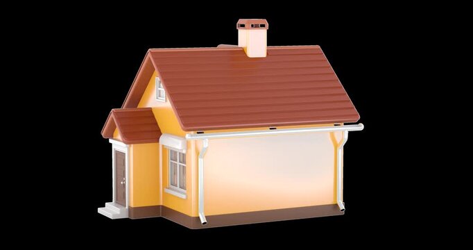Family house, orange cottage rotation animation seamlessly loopable. 3D rendering isolated on transparent background