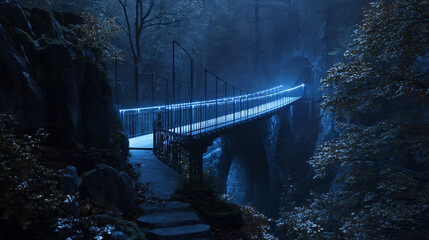 Mysterious Illuminated Bridge: Illuminated footbridge in a deep canyon shrouded in an ethereal blue light, creating an otherworldly, mysterious atmosphere, inviting exploration and wonder.