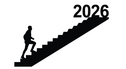 Silhouette of a person climbing stairs towards the year 2026, symbolizing progress and future aspirations.