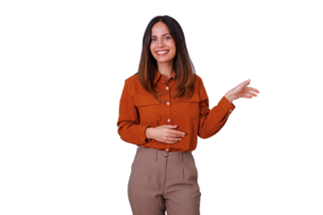 Happy woman smiling, presenting information, and making a welcoming gesture with transparent background