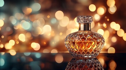 Elegant perfume bottle shimmering against bokeh background, perfect for beauty ads or fragrance promotions, exuding luxury and sophistication